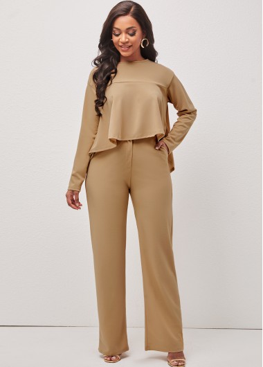Modlily Light Khaki Dip Hem Zipper Fly Top and Pants - XL