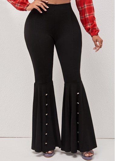 Modlily Black High Waisted Decorative Button Flare Pants - M