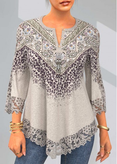 Modlily Split Neck Lace Stitching Leopard Light Khaki T Shirt - XXL