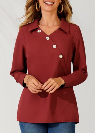 Modlily Turndown Collar Inclined Button Wine Red Blouse - 2XL
