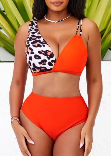 Modlily High Waisted Leopard Orange Asymmetric Design Bikini Set - XL