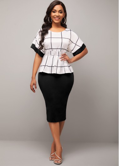 Modlily Black Plaid Round Neck Two Piece Dress - L