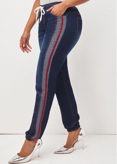 Modlily Denim Blue Drawstring Waist Pocket Jeans - 5XL