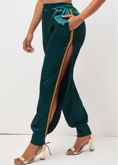 Modlily Dark Green Lace Up Side Slit Pants - M
