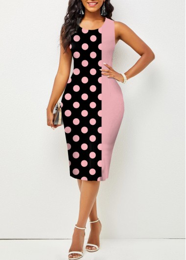 Modlily Polka Dot Pink Round Neck Sleeveless Bodycon Dress - XXL