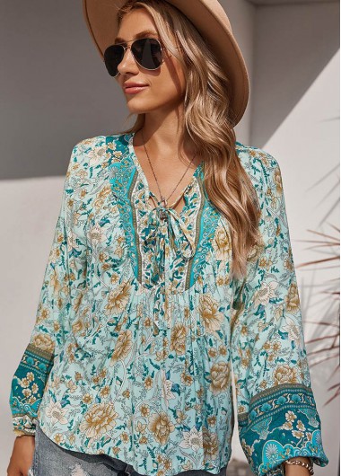 Modlily Mint Green Long Sleeve Floral Print T Shirt - S