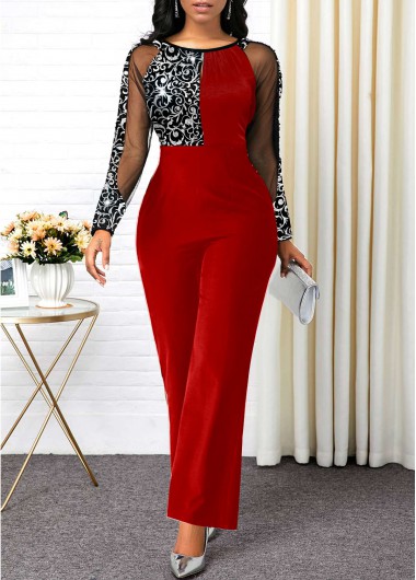 Modlily red Glitter Fabric Stitching Mesh Jumpsuit - XL