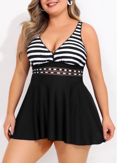 Modlily Plus Size Striped Color Block Swimdress and Panty - 3XL