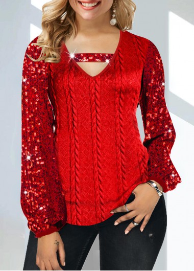 Modlily Red Sequin Cutout V Neck T Shirt - L