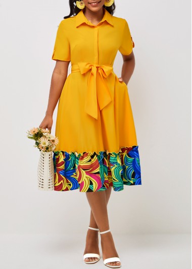 Modlily Belted Turndown Collar Yellow Short Sleeve Dress - XXL