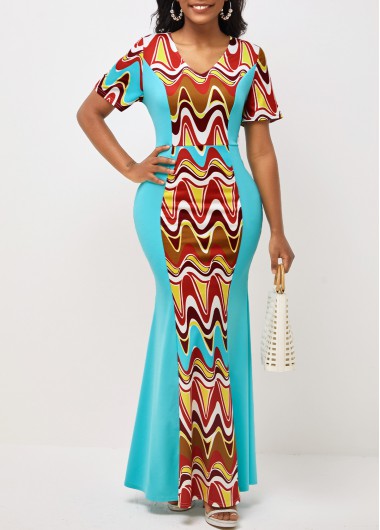 Modlily Tribal Print Short Sleeve V Neck Cyan Dress - L