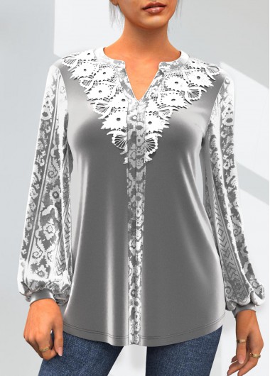 Modlily Lace Patchwork Grey Velvet Stitching T Shirt - M