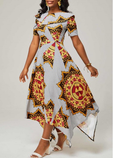 Modlily Tribal Print Multi Color Asymmetric Hem Dress - S