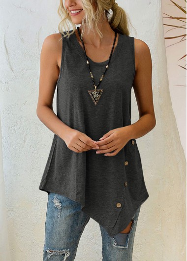Modlily Dark Grey Asymmetric Hem Decorative Button Tank Top - XL