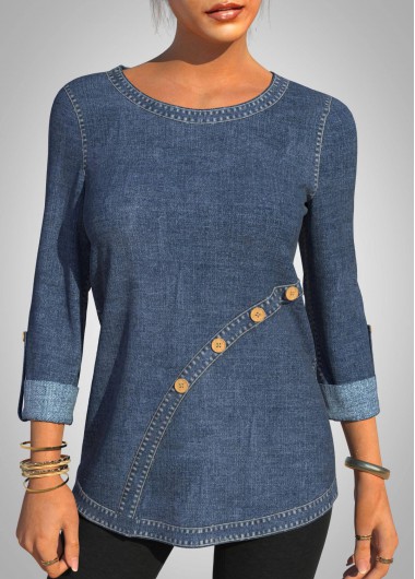 Modlily Decorative Button Round Neck Denim Blue T Shirt - M