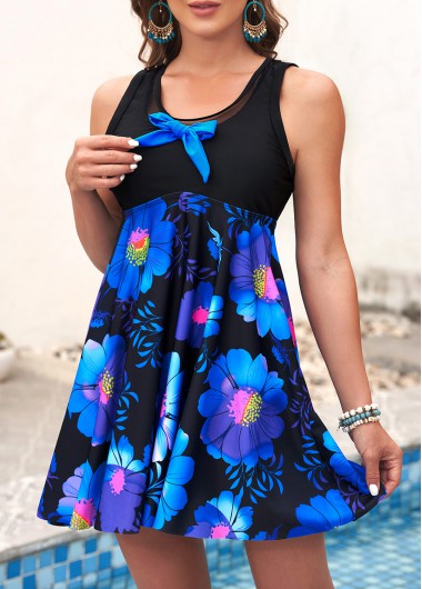 Modlily Bowknot Floral Print Black Swimdress and Panty - 4XL