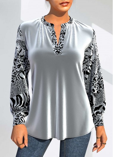 Modlily Velvet Animal Pattern Split Neck Silver T Shirt - M