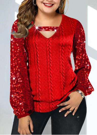 Modlily Sequin Plus Size V Neck Red T Shirt - 2X