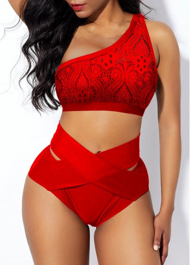 Modlily Lace Patchwork Red Cross Front High Waisted Bikini Set - L