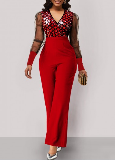 Modlily Red Mesh Glitter Fabric Stitching Jumpsuit - XL