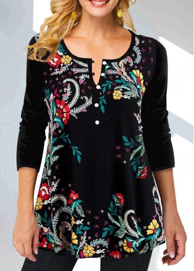 Modlily Split Neck Floral Print Black Long Sleeve Blouse - M