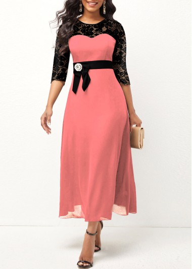 Modlily Lace Stitching Bowknot Pink 3/4 Sleeve Dress - L