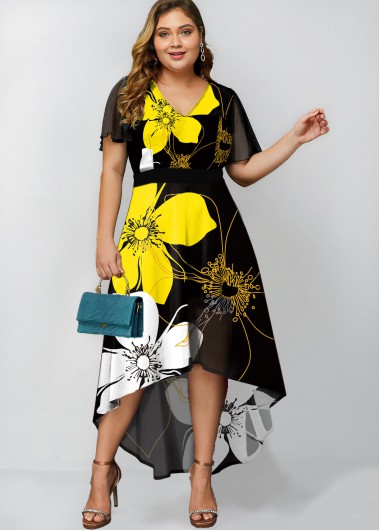 Modlily Floral Print Plus Size Black Dip Hem Dress - 4XL