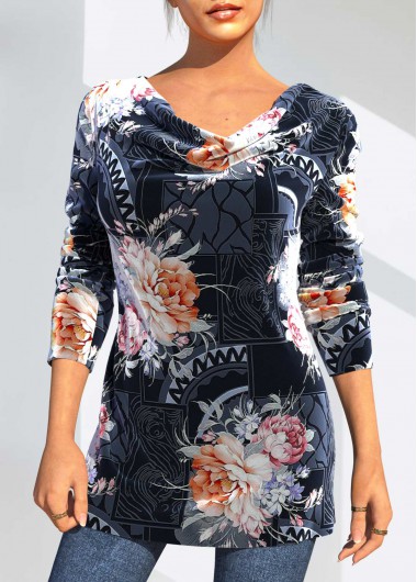 Modlily Long Sleeve Velvet Floral Print Navy Blue T Shirt - XXL