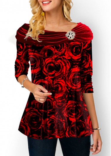 Modlily Valentines Rose Print Wine Red T Shirt - M