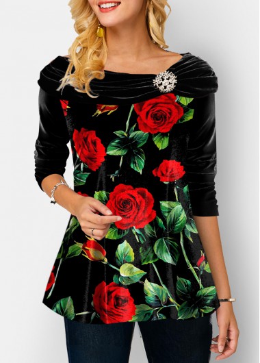 Modlily Valentines Rose Print Boat Neck Black T Shirt - S