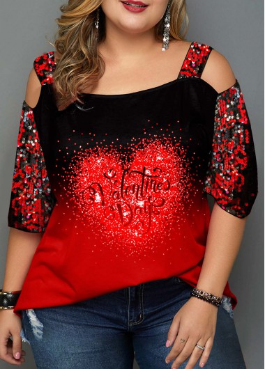 Modlily Valentines Plus Size Heart Print Sequin T Shirt - 1X