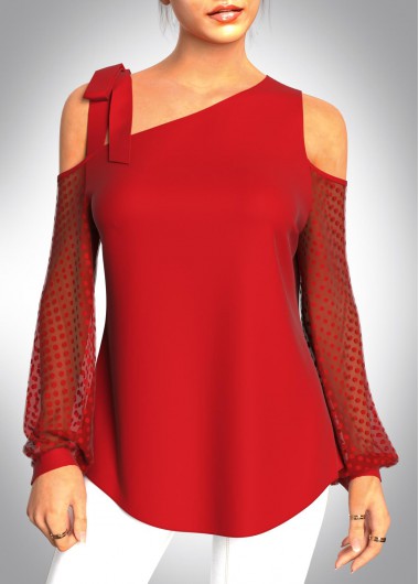 Modlily Valentines Polka Dot Mesh Stitching Red T Shirt - S