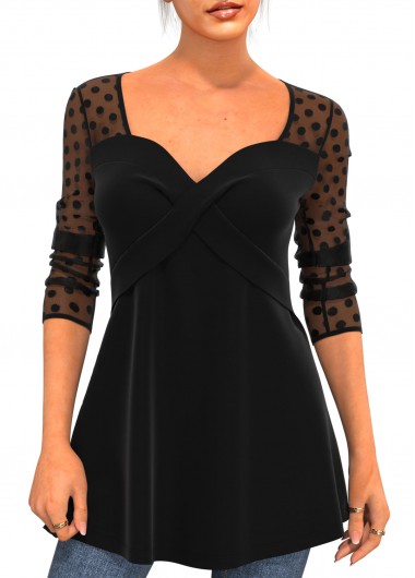 Modlily Valentines Polka Dot Mesh Stitching Black T Shirt - XXL