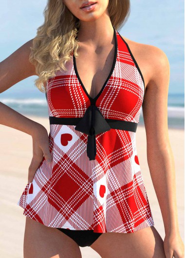 Modlily Valentines Plaid and Heart Print Halter Red Tankini Top - XL