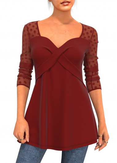 Modlily Valentines Polka Dot Mesh Stitching Wine Red T Shirt - XXL