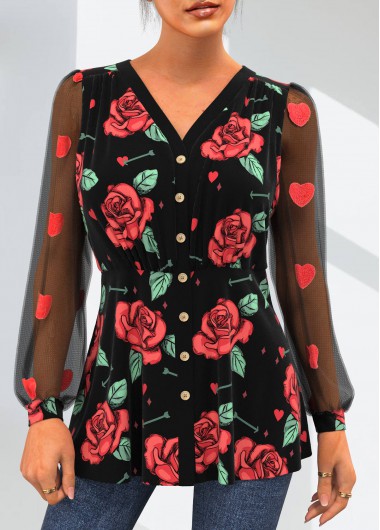 Modlily Valentines Lace Stitching Black Rose Print Blouse - M