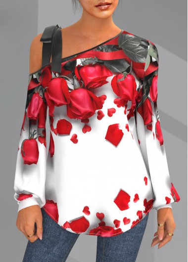 Modlily Valentines Skew Neck White Rose Print T Shirt - M