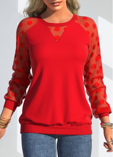Modlily Valentines Lace Stitching Polka Dot Red Sweatshirt - S