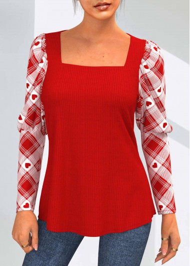 Modlily Valentines Plaid Red Square Neck Long Sleeve T Shirt - XXL
