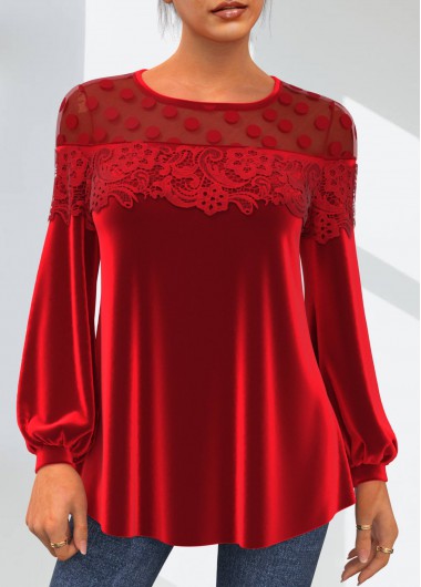 Modlily Valentines Lace Velvet Stitching Round Neck Red T Shirt - M