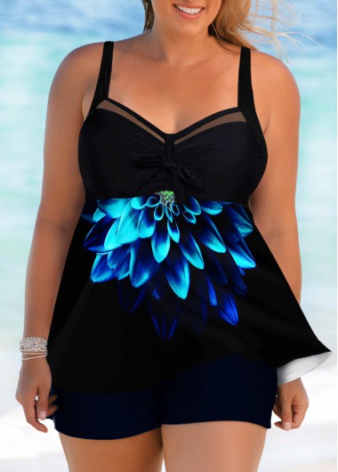 Modlily Blue Plus Size Floral Print Swimdress Top - 1X