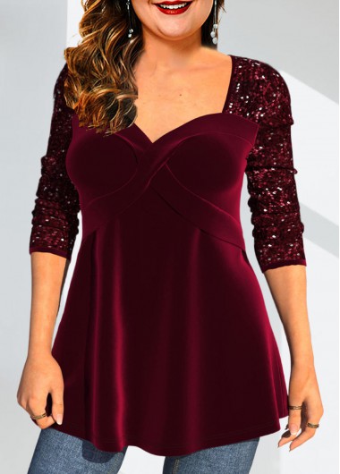 Modlily Plus Size Velvet Stitching Wine Red Sequin T Shirt - 3X