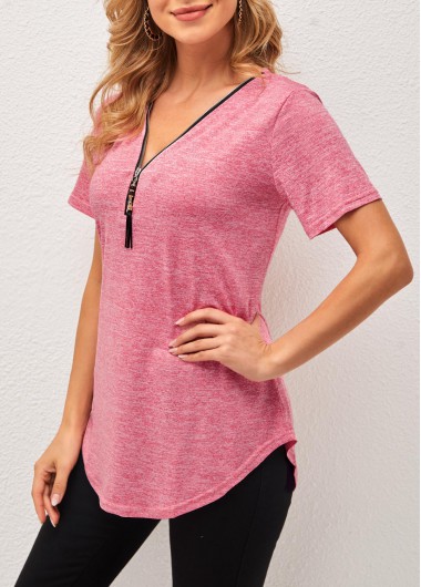 Modlily V Neck Pink Tassel Detail Short Sleeve T Shirt - 4XL