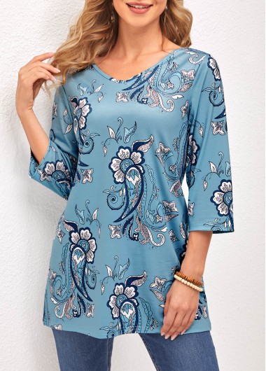 Modlily Floral Print V Neck Dusty Blue T Shirt - XL