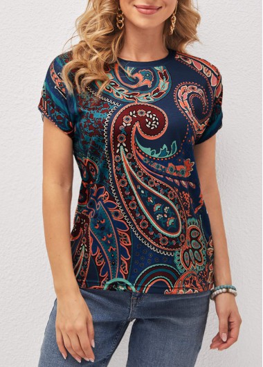 Modlily Paisley Print Round Neck Short Sleeve T Shirt - M