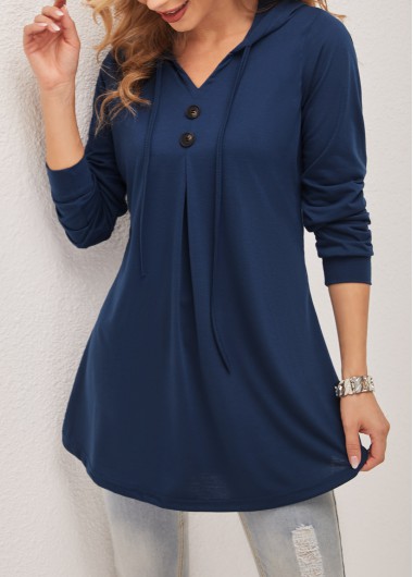 Modlily Navy Blue Hooded Collar Decorative Button T Shirt - M