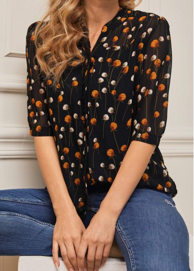 Modlily Floral Print Chiffon Black Split Neck Blouse - 4XL