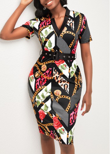 Modlily V Neck Vary Chain Print Black Belted Bodycon Dress - S