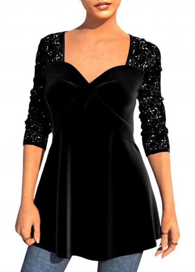 Modlily Sequin Black Velvet Stitching T Shirt - M