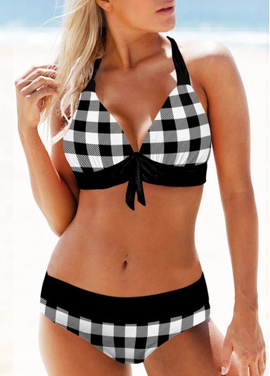 Modlily Plaid Black Mid Waist Halter Bikini Set - S